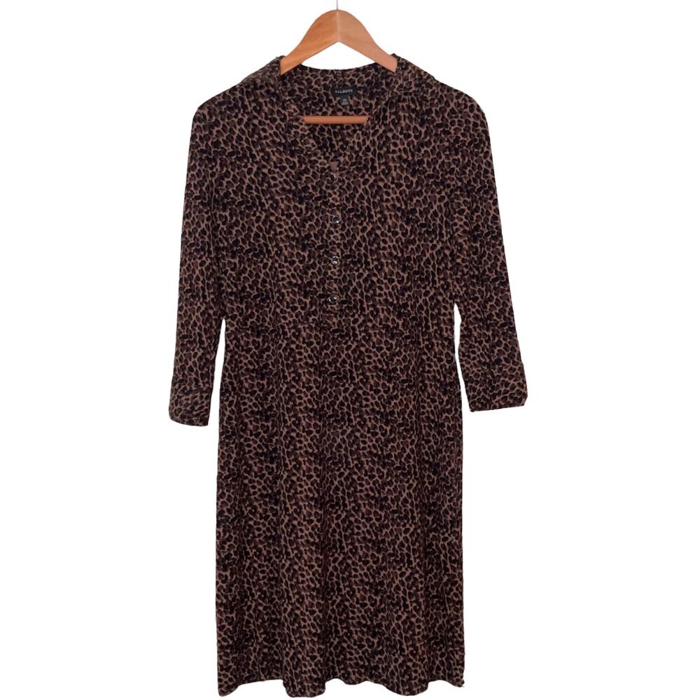 Talbots Leopard Print Midi Dress Womens XS Long Sleeve Modest Demure Classiccore